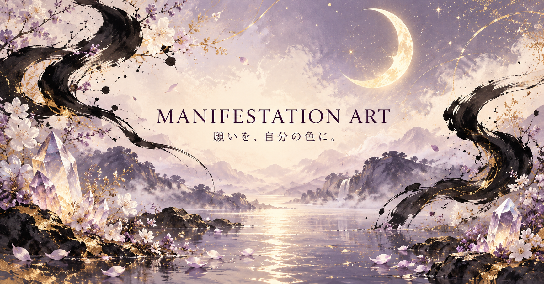 月と花、クリスタル、墨の流れに囲まれたマニフェステーションアートの世界