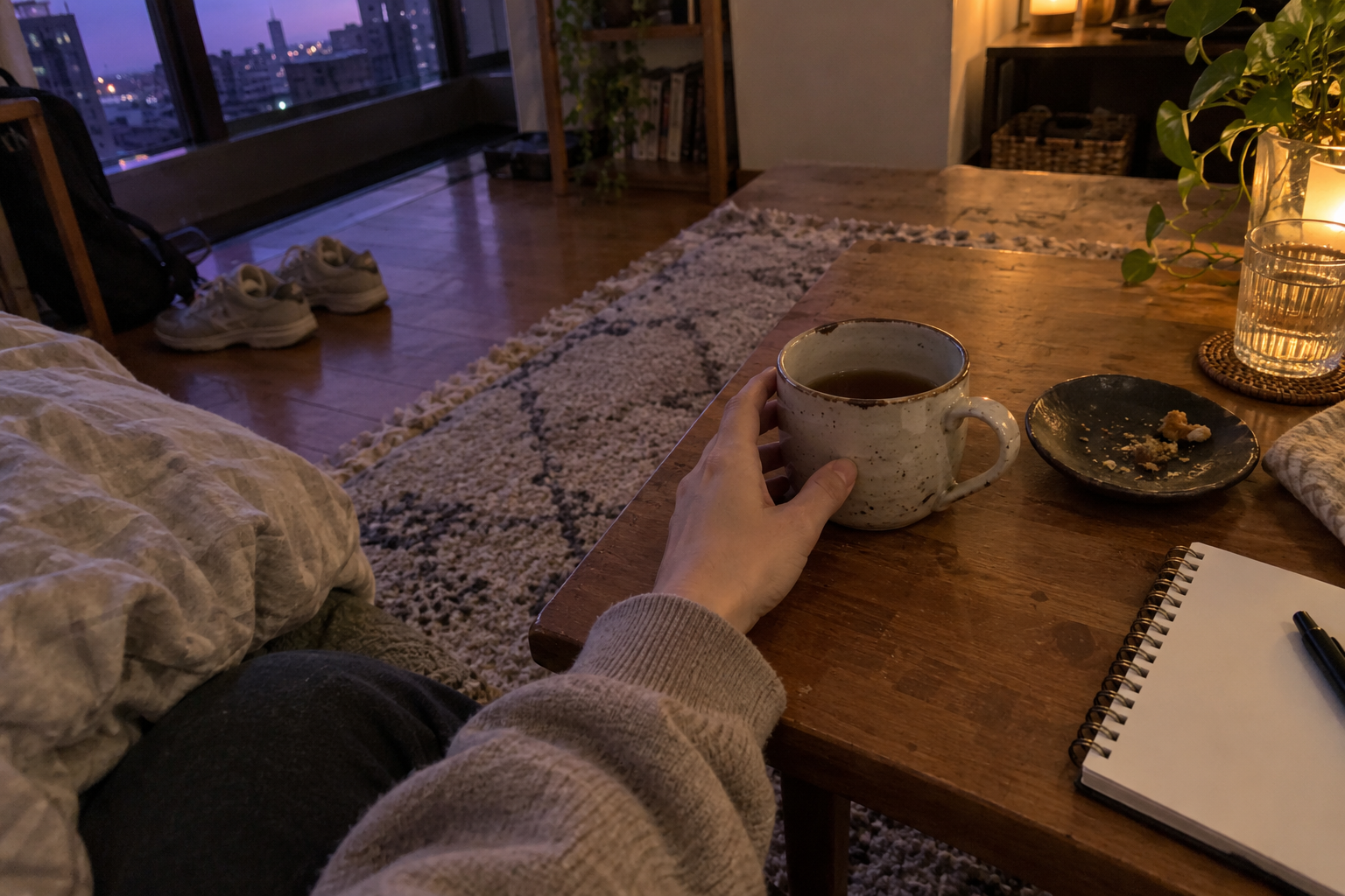 夕暮れの部屋でマグカップに触れ、今の感覚を確かめる手元