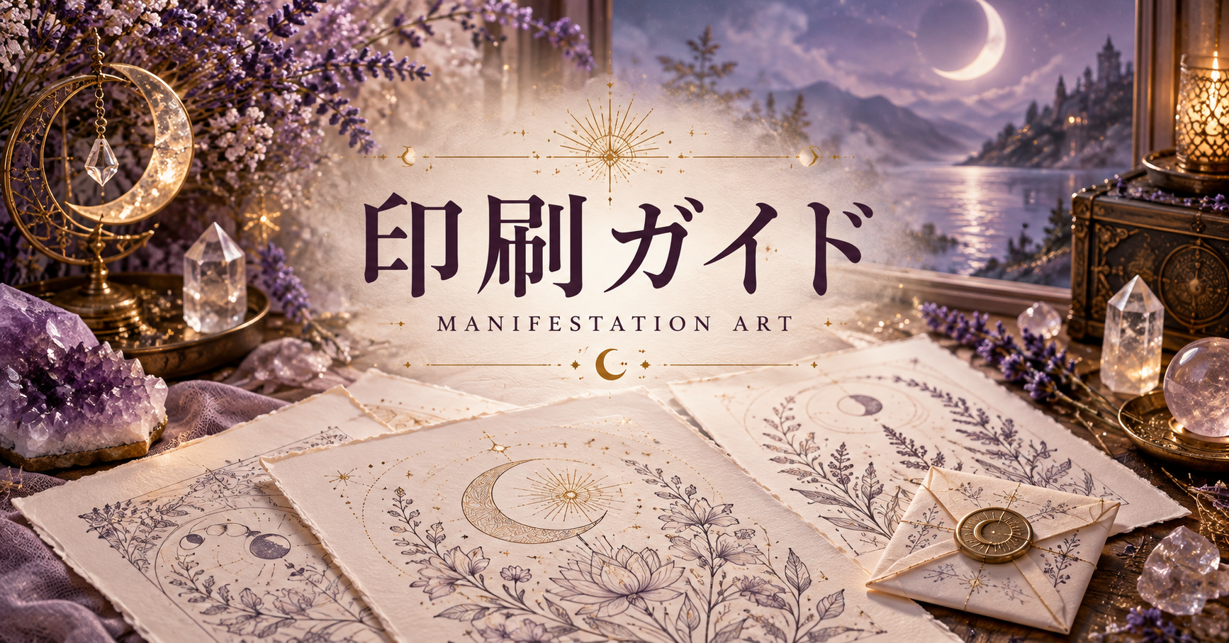 月明かりとクリスタル、塗り絵の紙に囲まれた「印刷ガイド」の文字