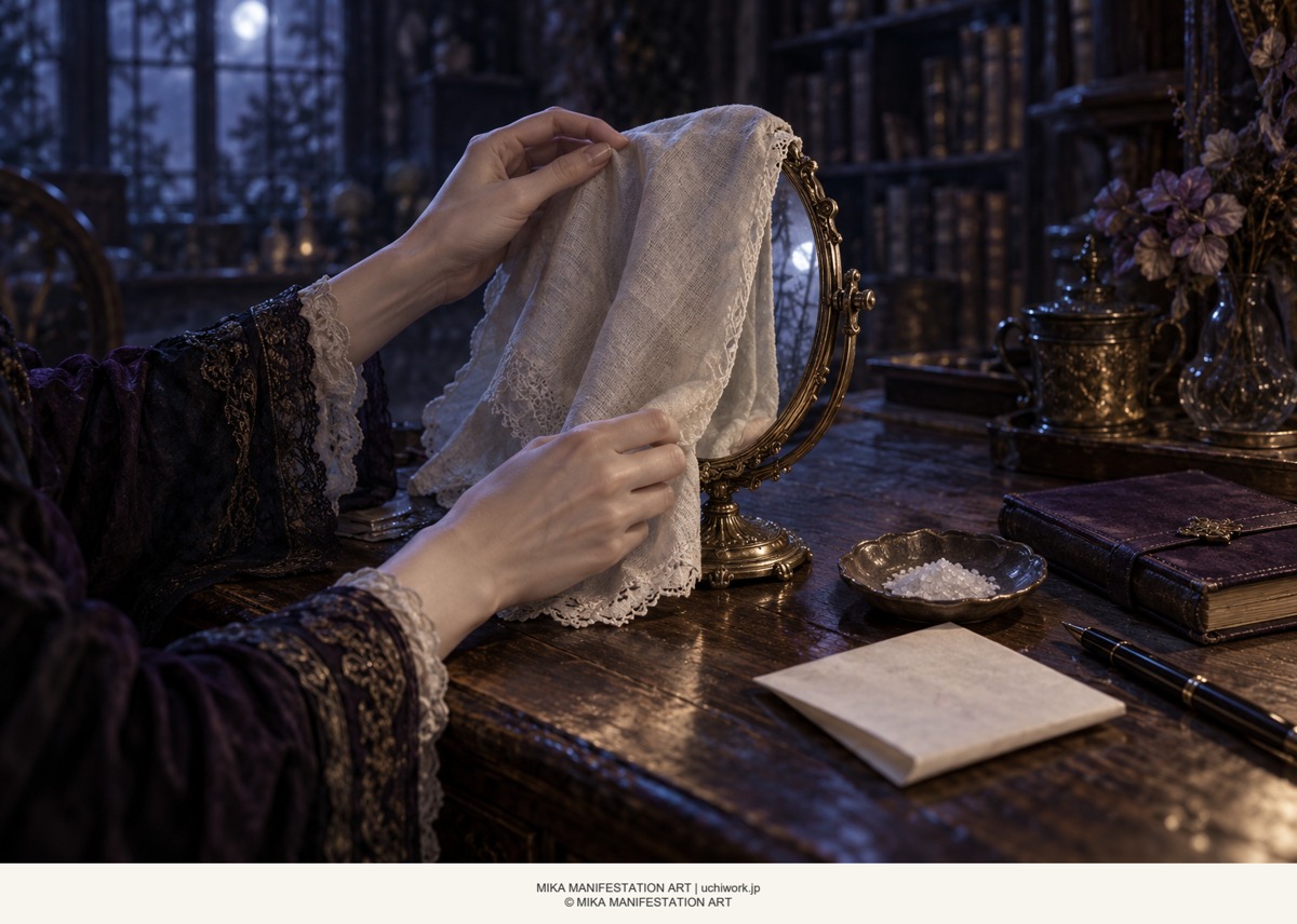 白い布で鏡を覆う魔女の手と、塩の小皿、折った紙