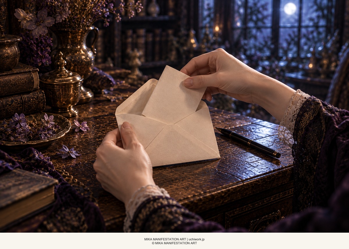 願いを書いた紙を折り、宛名のない封筒に入れる魔女の手